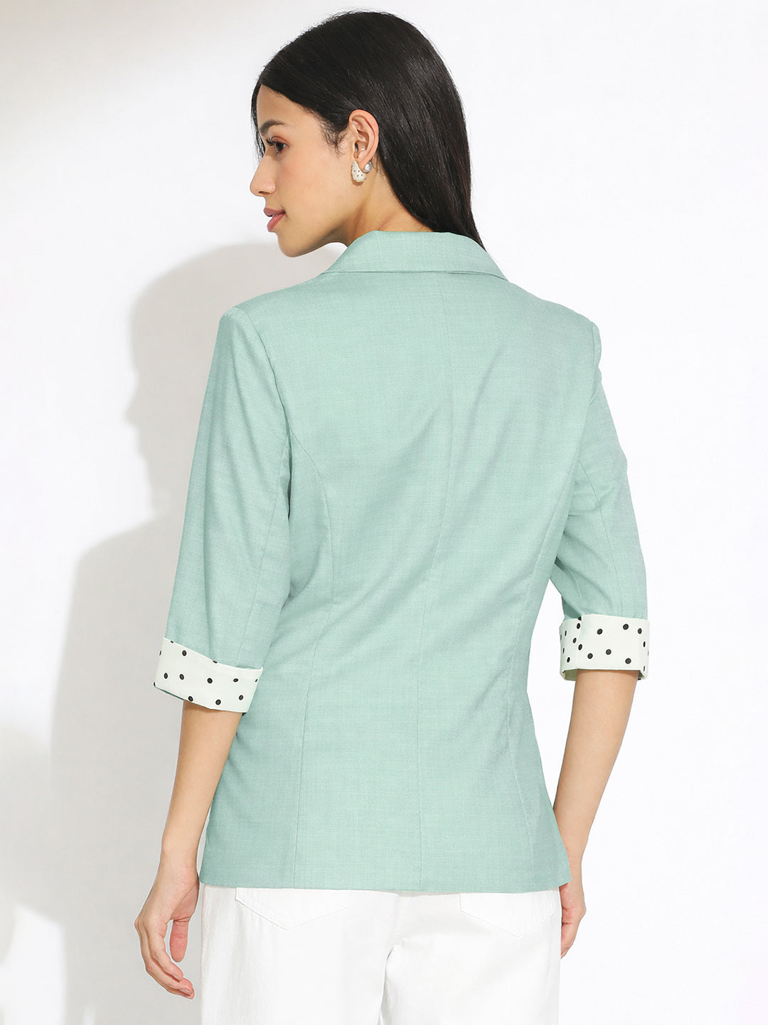 Women's Green Single Breasted Blazer with Contrast Cuff