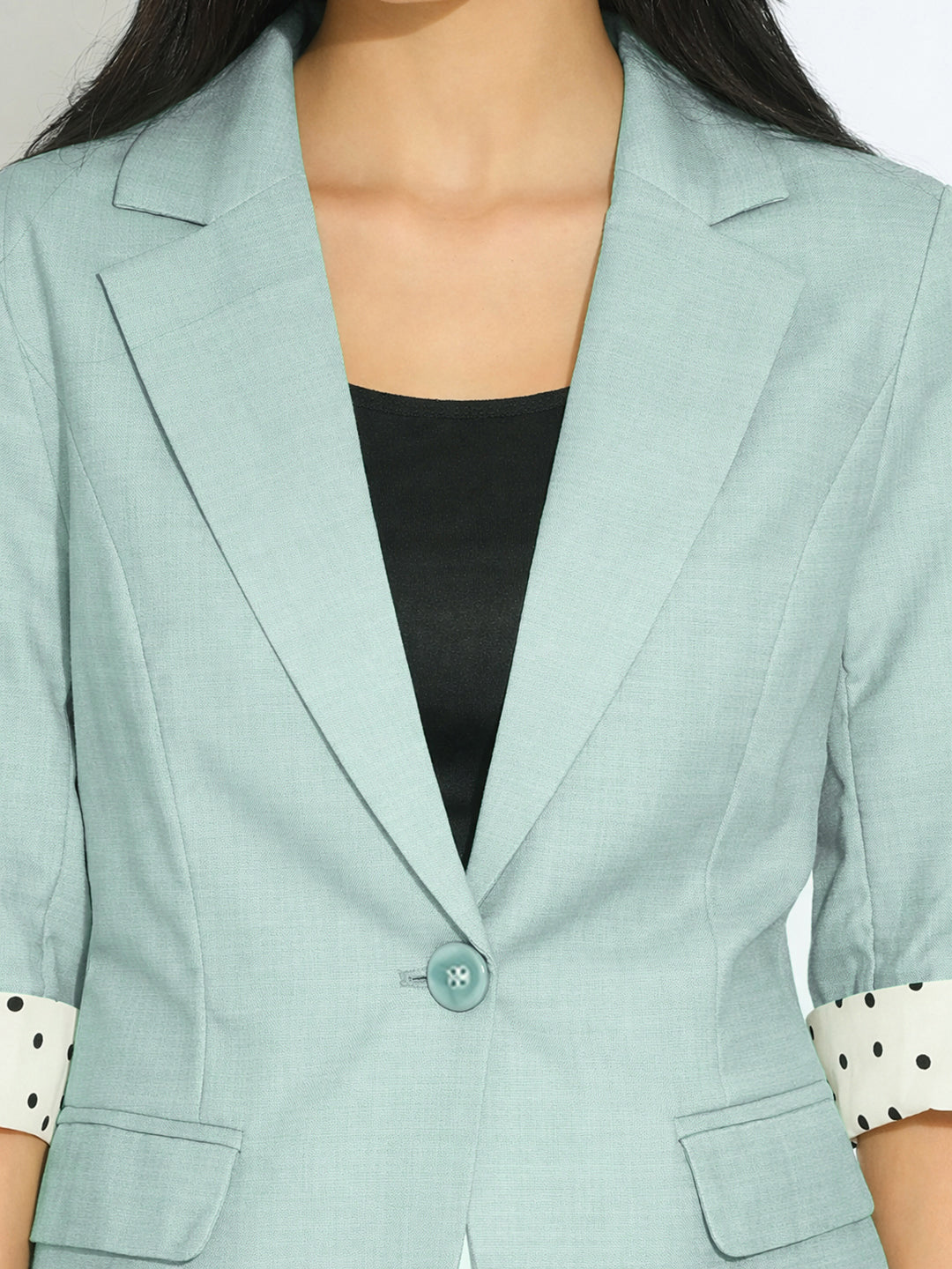 Women's Green Single Breasted Blazer with Contrast Cuff