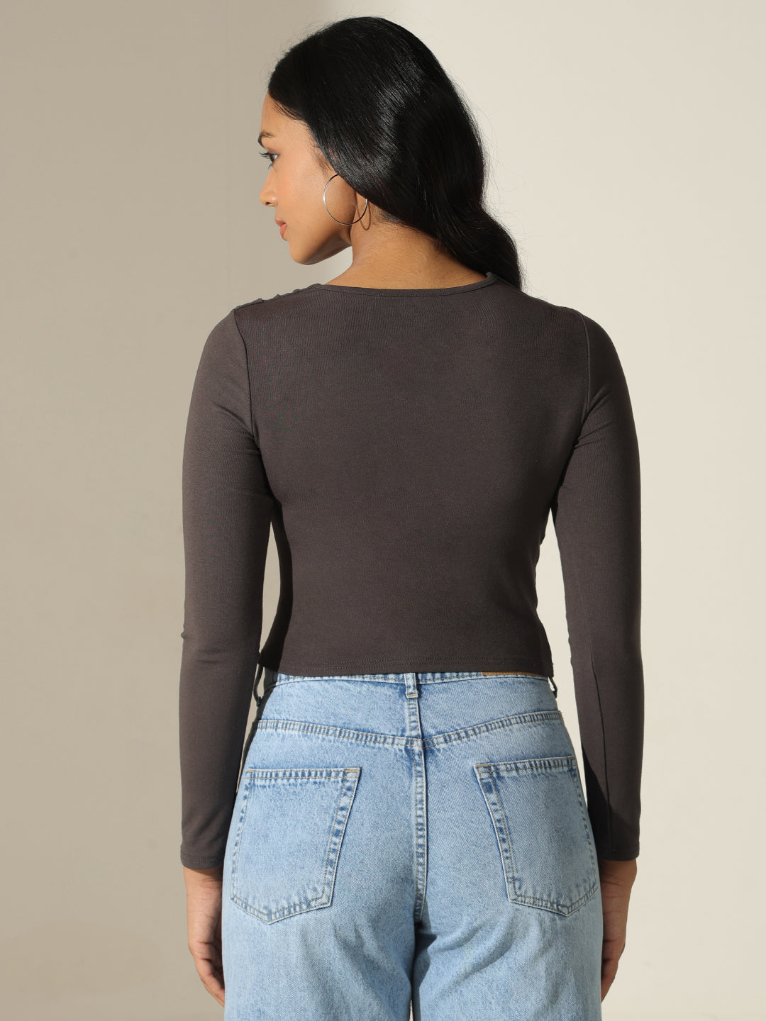 Women's Solid Grey Wrap Style Long Sleeve Top