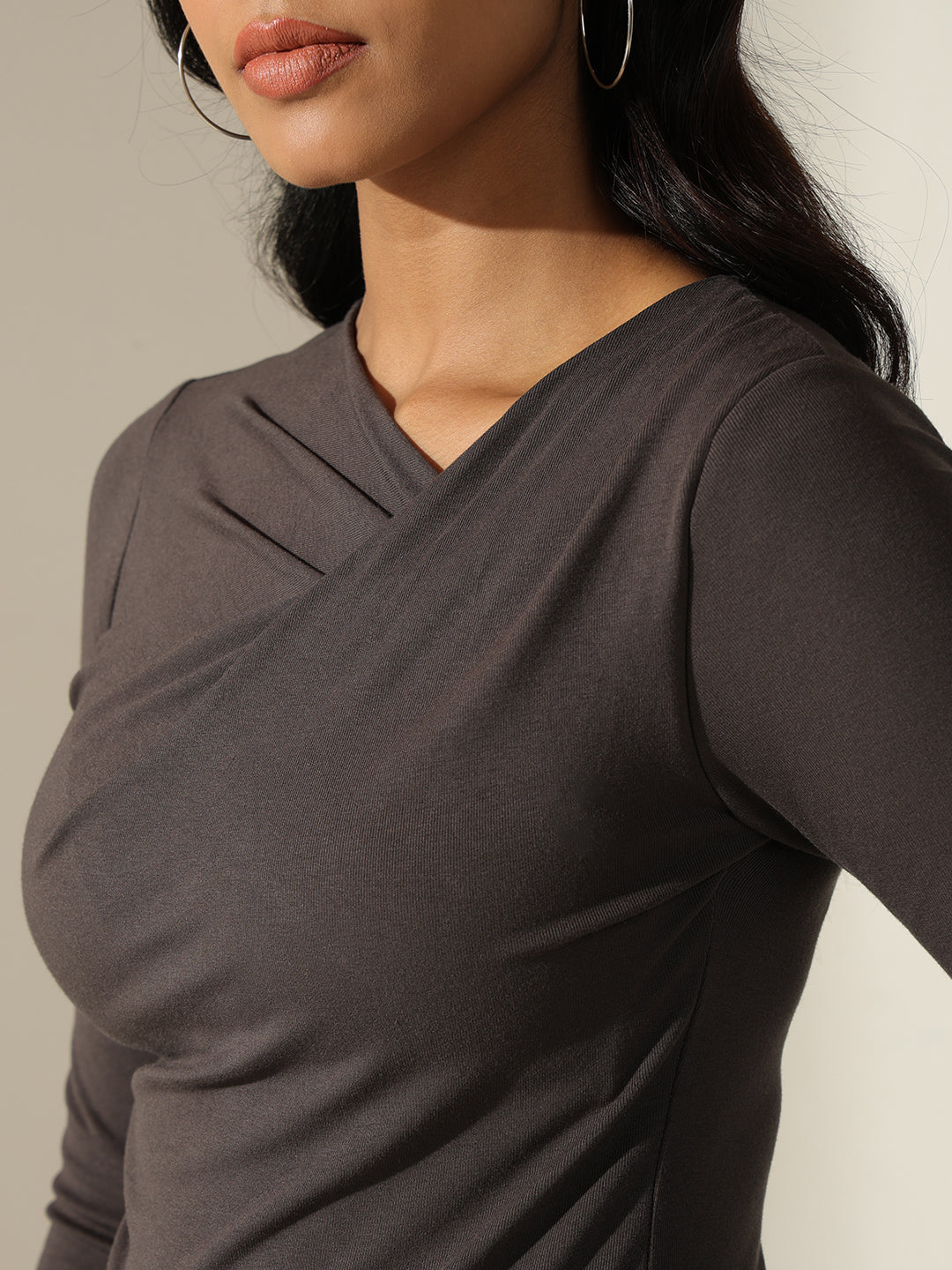 Women's Solid Grey Wrap Style Long Sleeve Top