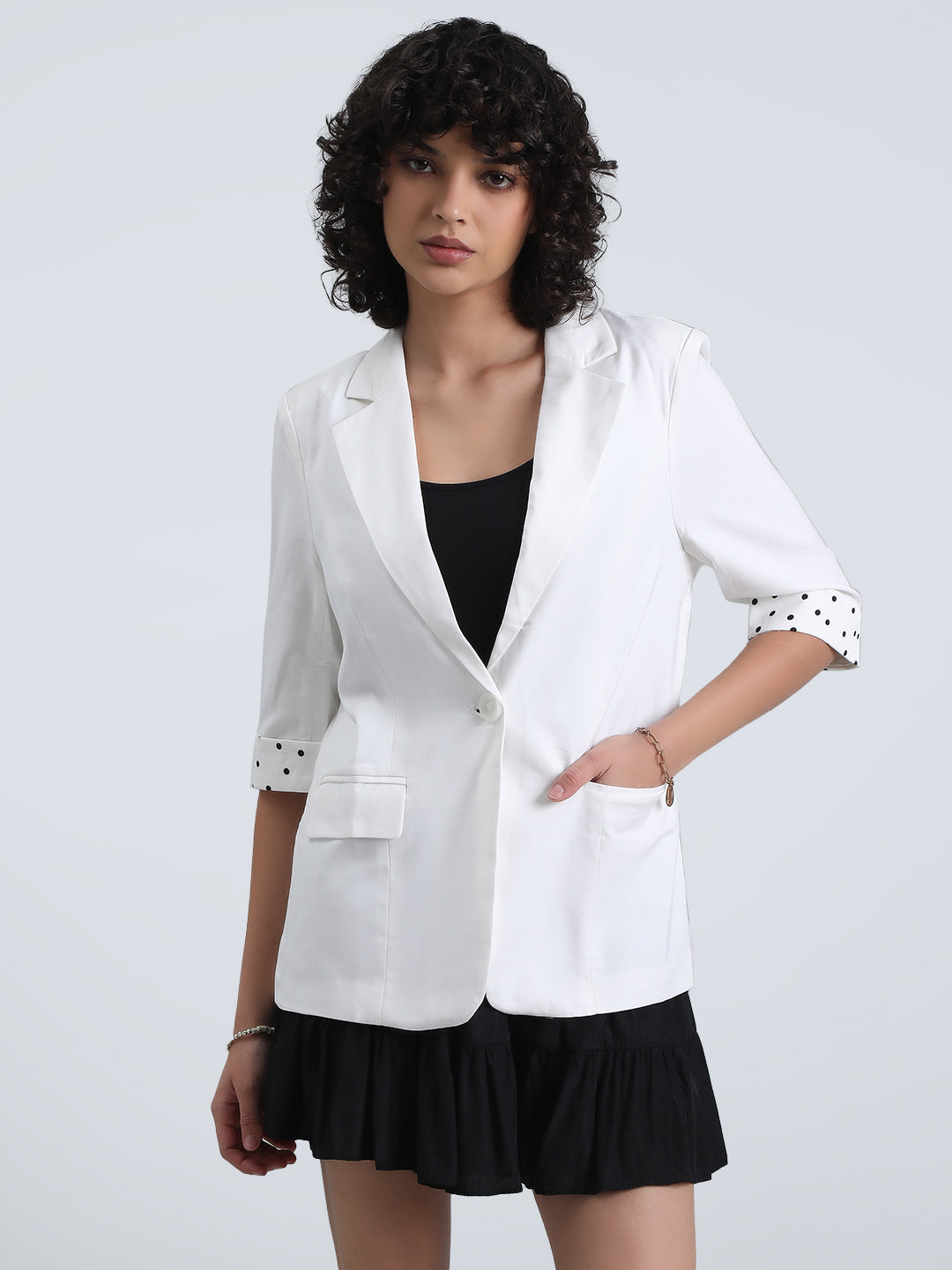 Women's Off-White Single-Breasted Blazer with 3/4 Sleeve and Polka Dot Cuff