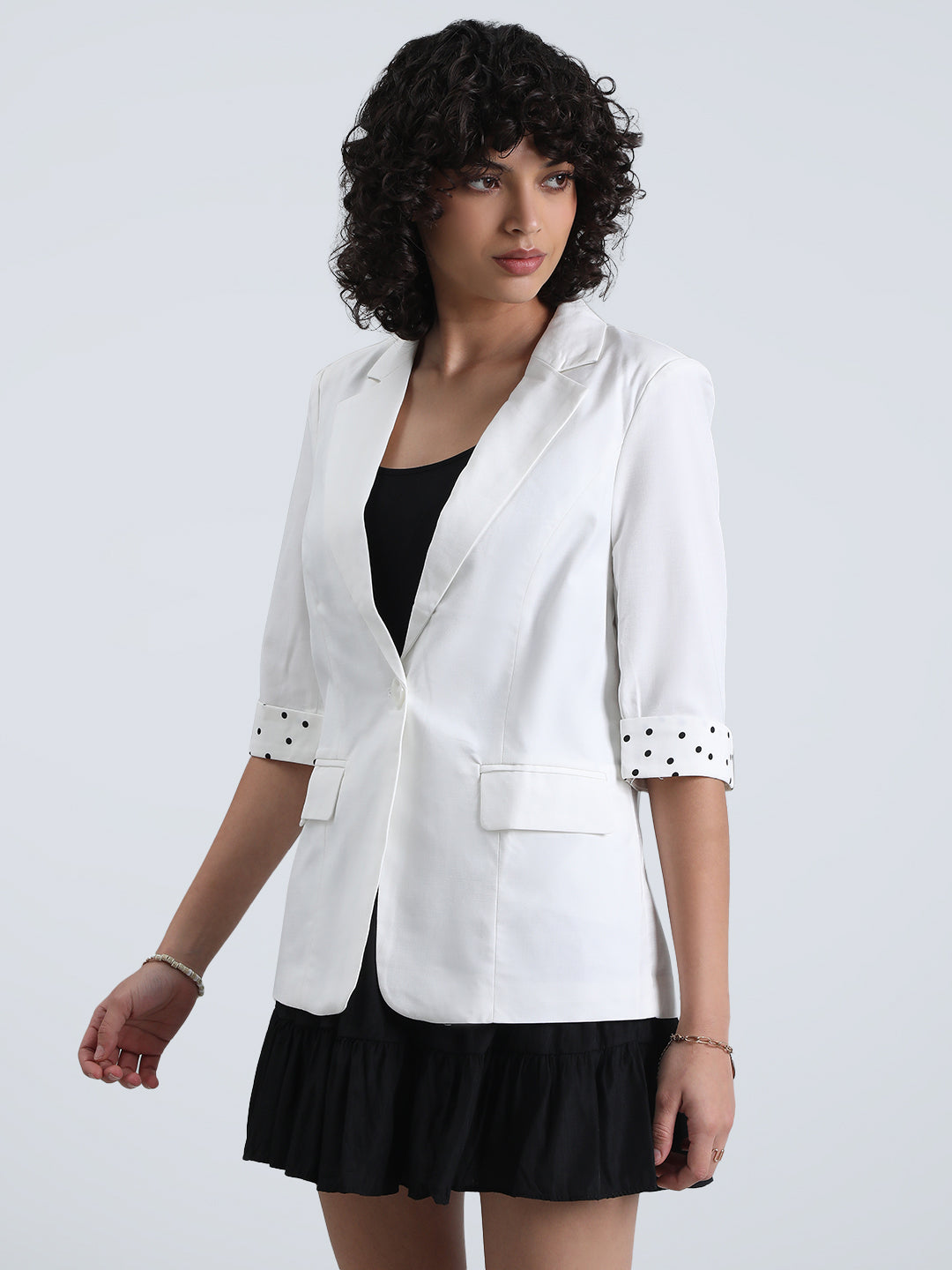 Women's Off-White Single-Breasted Blazer with 3/4 Sleeve and Polka Dot Cuff