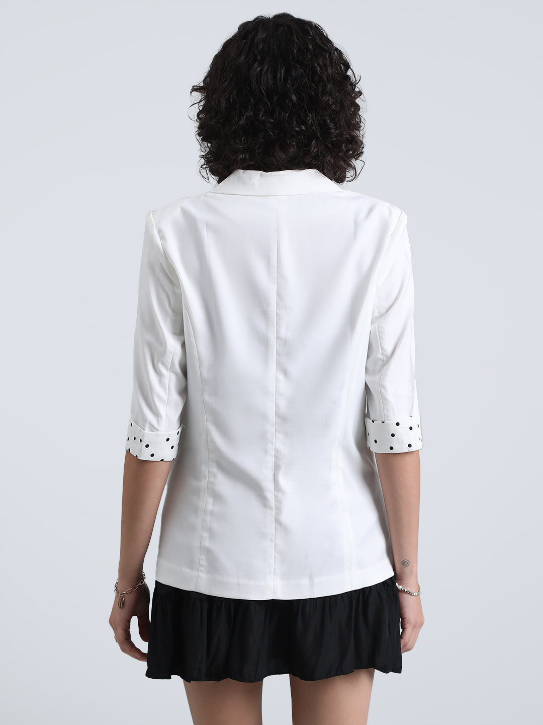 Women's Off-White Single-Breasted Blazer with 3/4 Sleeve and Polka Dot Cuff