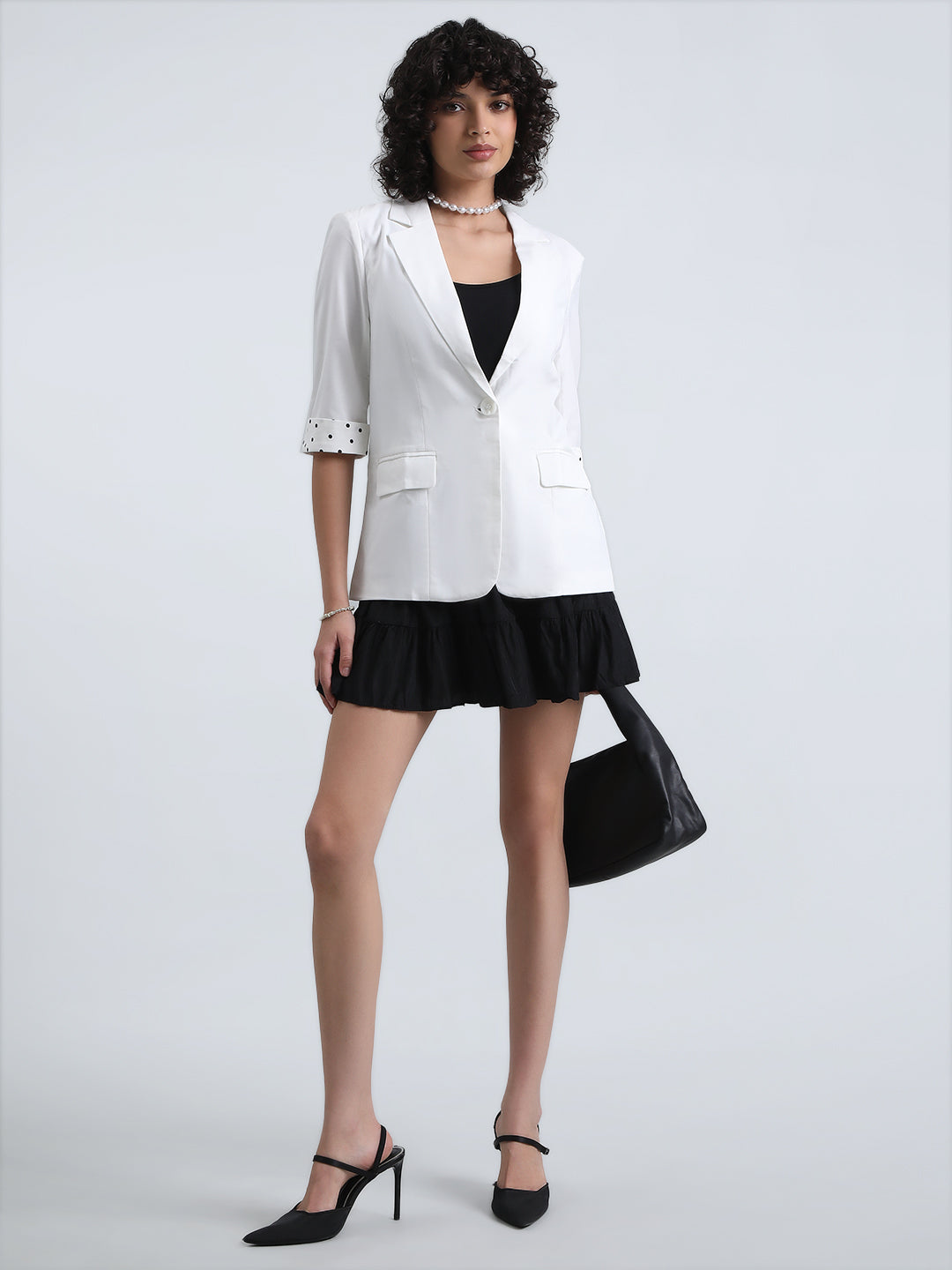 Women's Off-White Single-Breasted Blazer with 3/4 Sleeve and Polka Dot Cuff