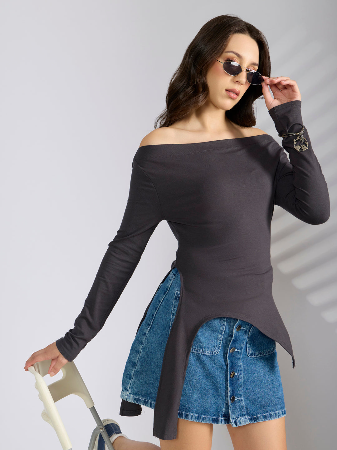 Women’s Grey Off Shoulder Asymmetric Hem Top