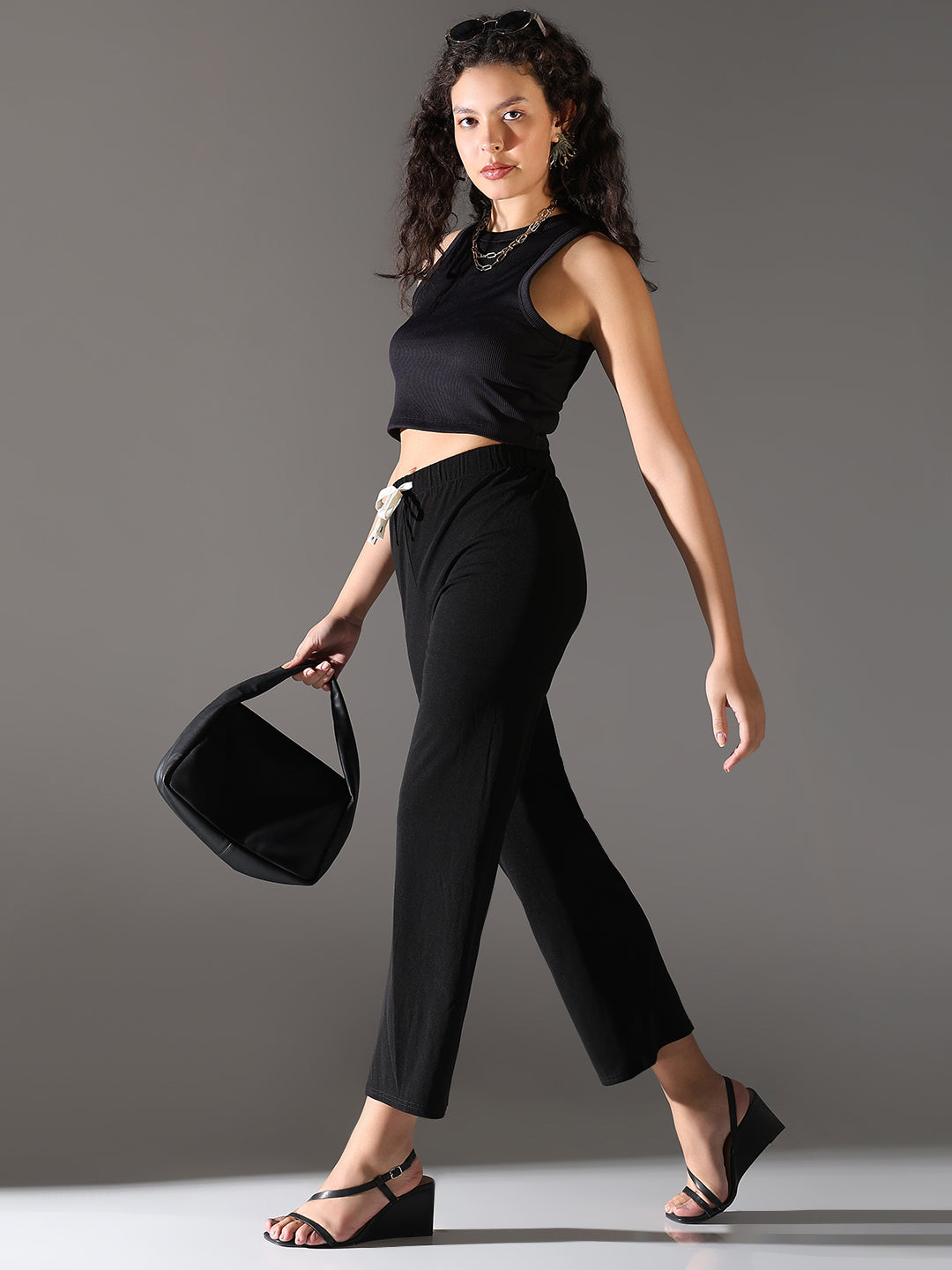 Women Black Solid Trousers