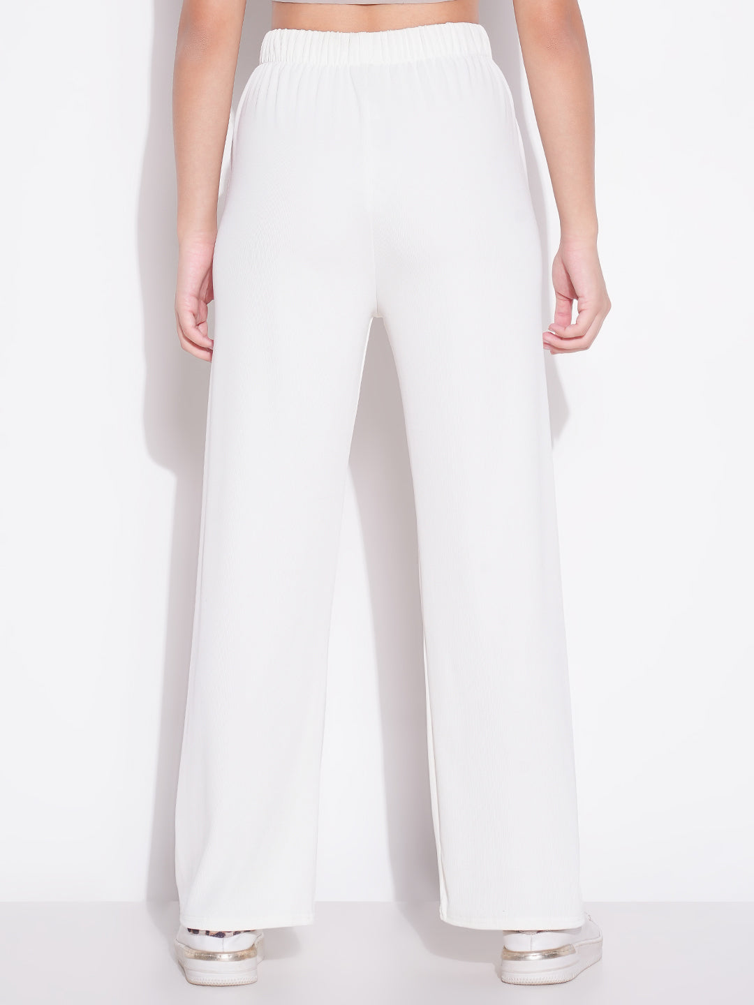 Women Off White Solid Parallel Trousers