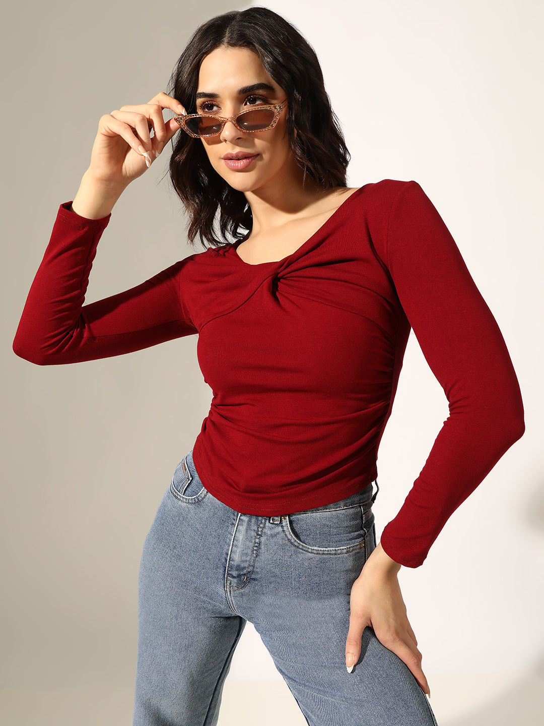 Women's Red Long Sleeve Top with Knot Front Detail