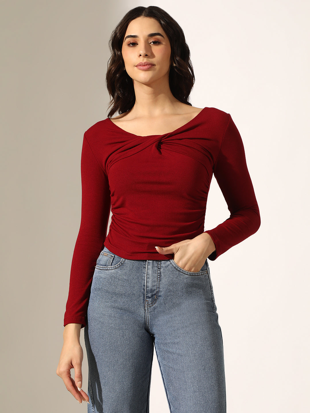 Women's Red Long Sleeve Top with Knot Front Detail