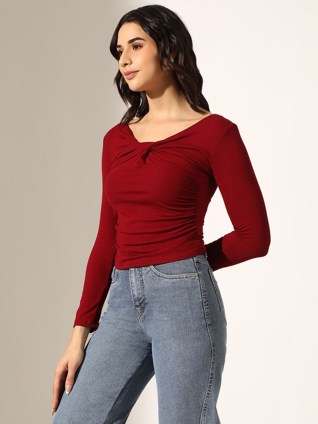 Women's Red Long Sleeve Top with Knot Front Detail