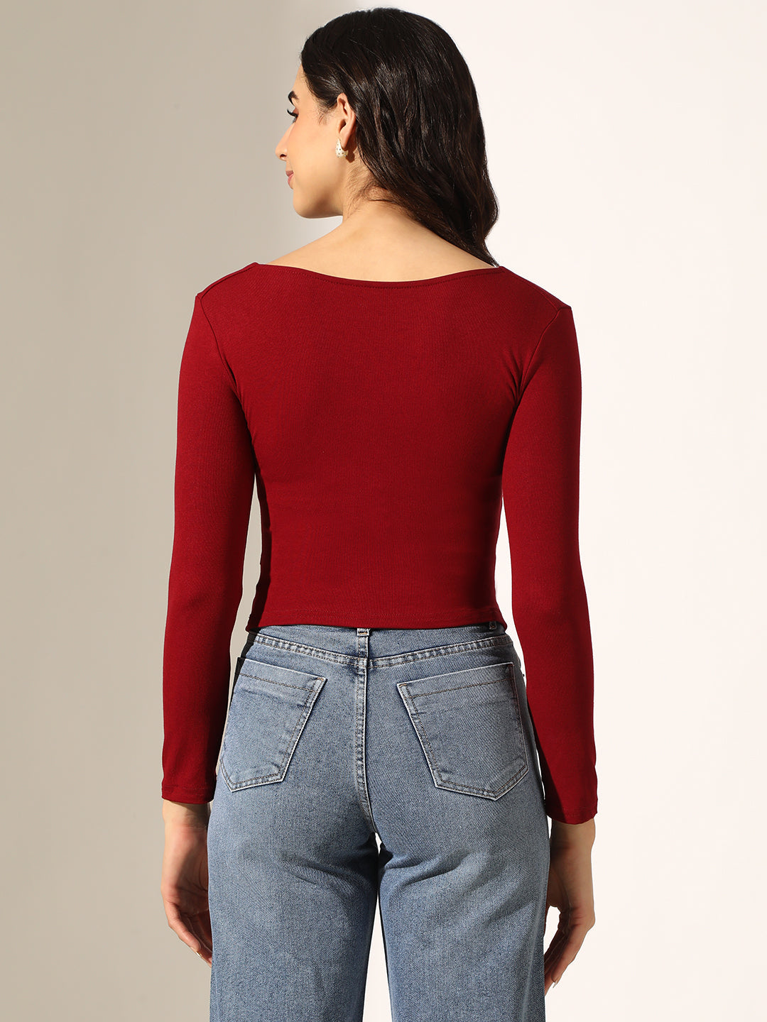 Women's Red Long Sleeve Top with Knot Front Detail