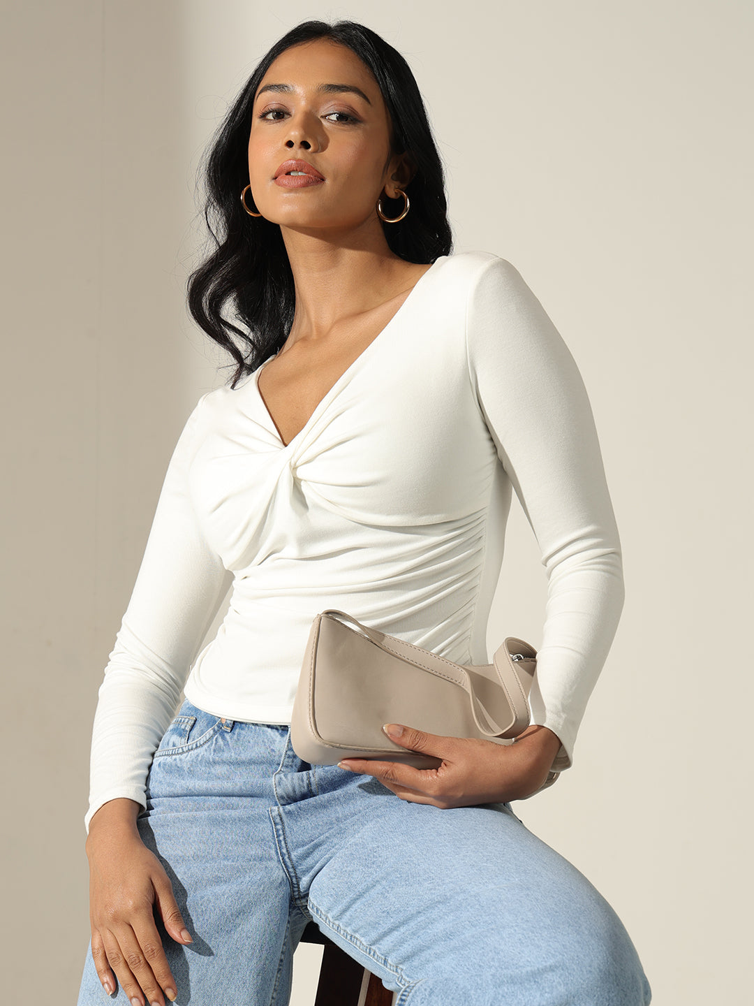 Women's Solid White Twist Front Long Sleeve Top