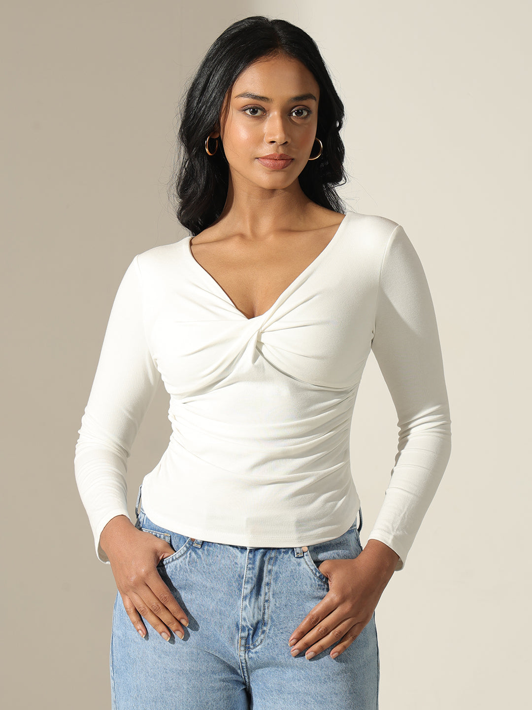 Women's Solid White Twist Front Long Sleeve Top
