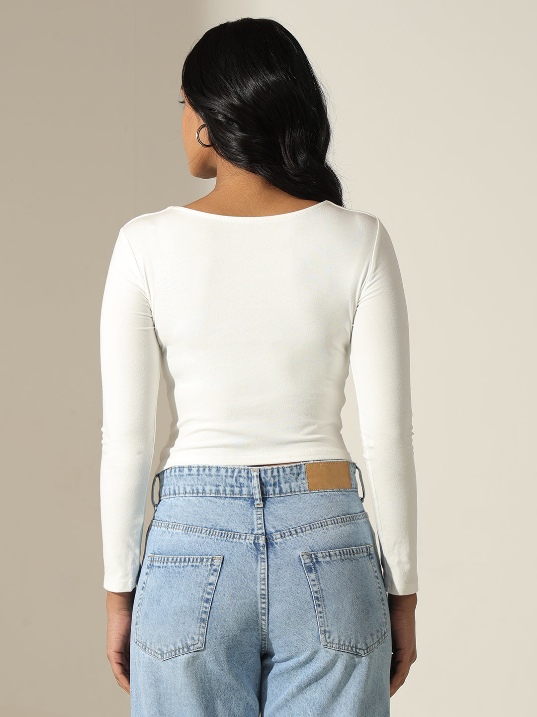 Women's Solid White Twist Front Long Sleeve Top