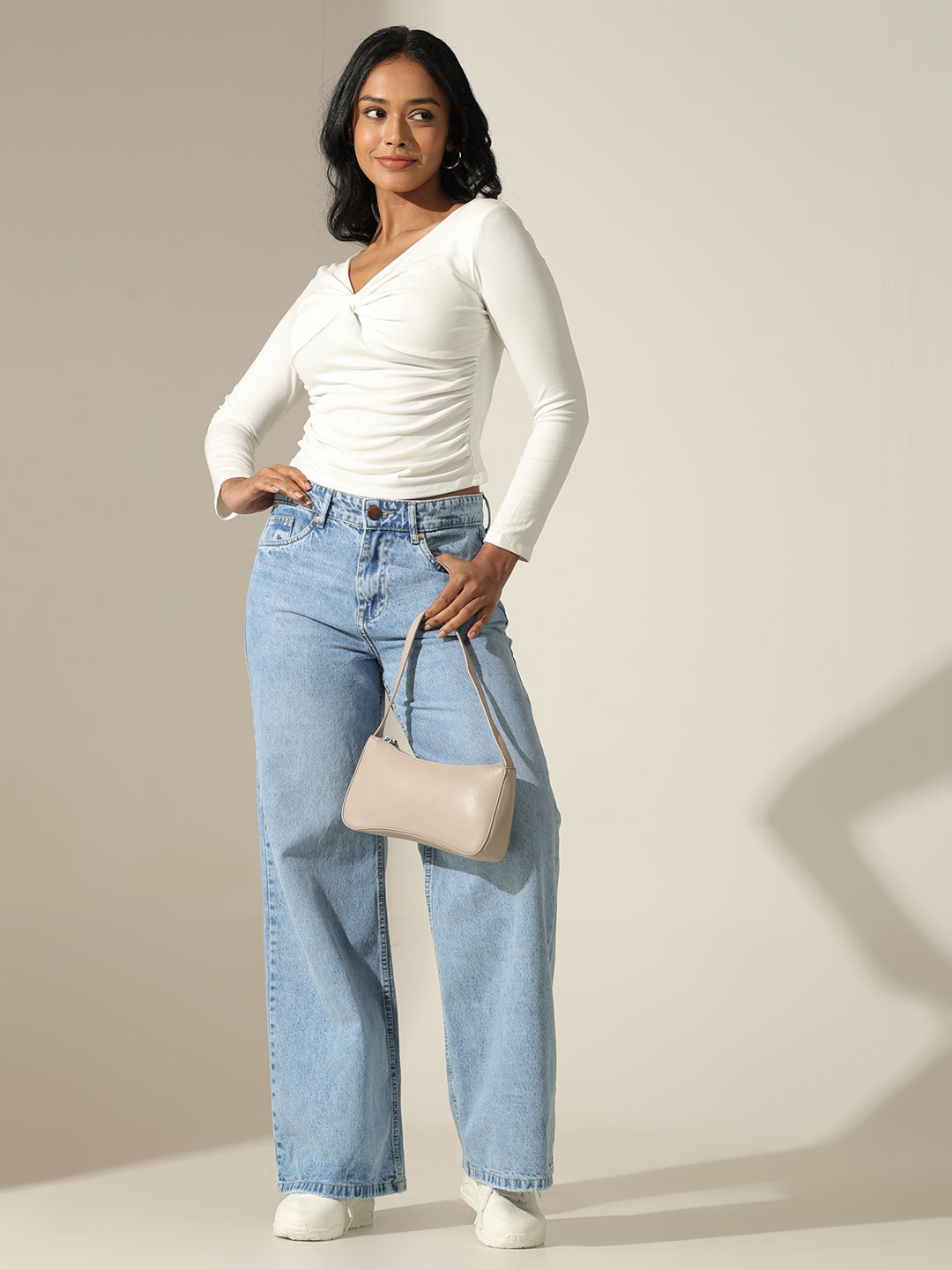 Women's Solid White Twist Front Long Sleeve Top