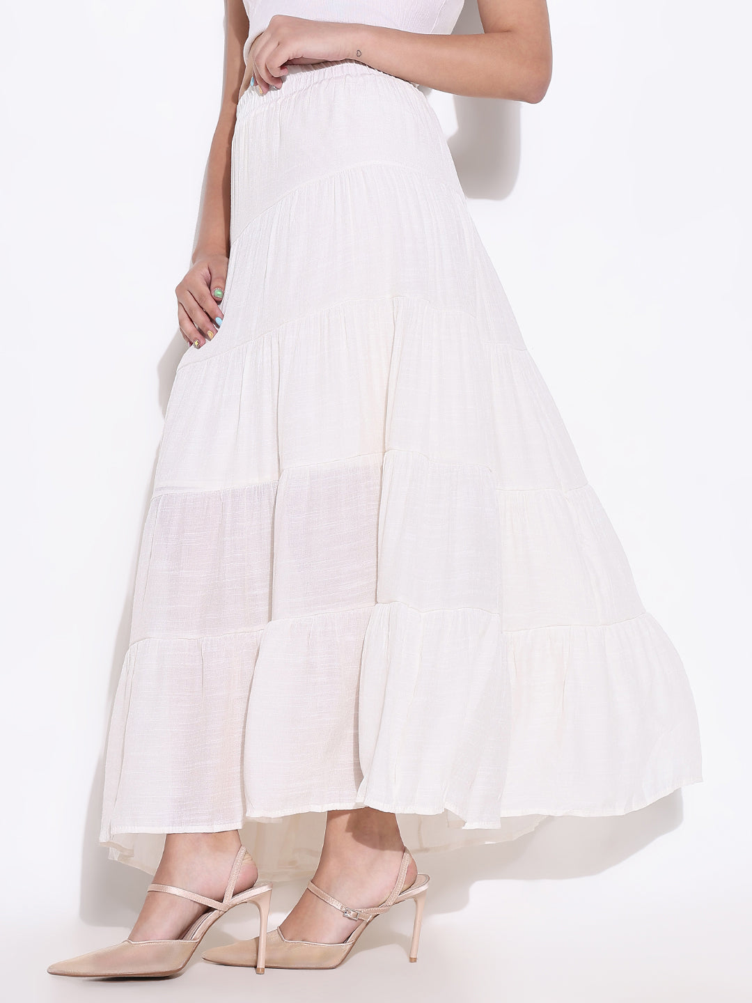 Women Cream Solid Tiered Skirt