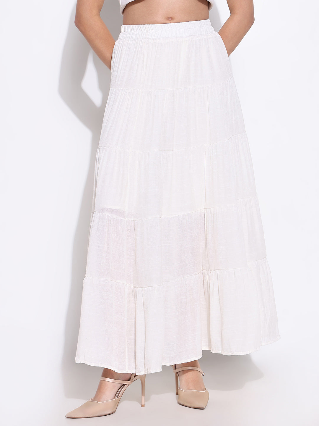 Women Cream Solid Tiered Skirt