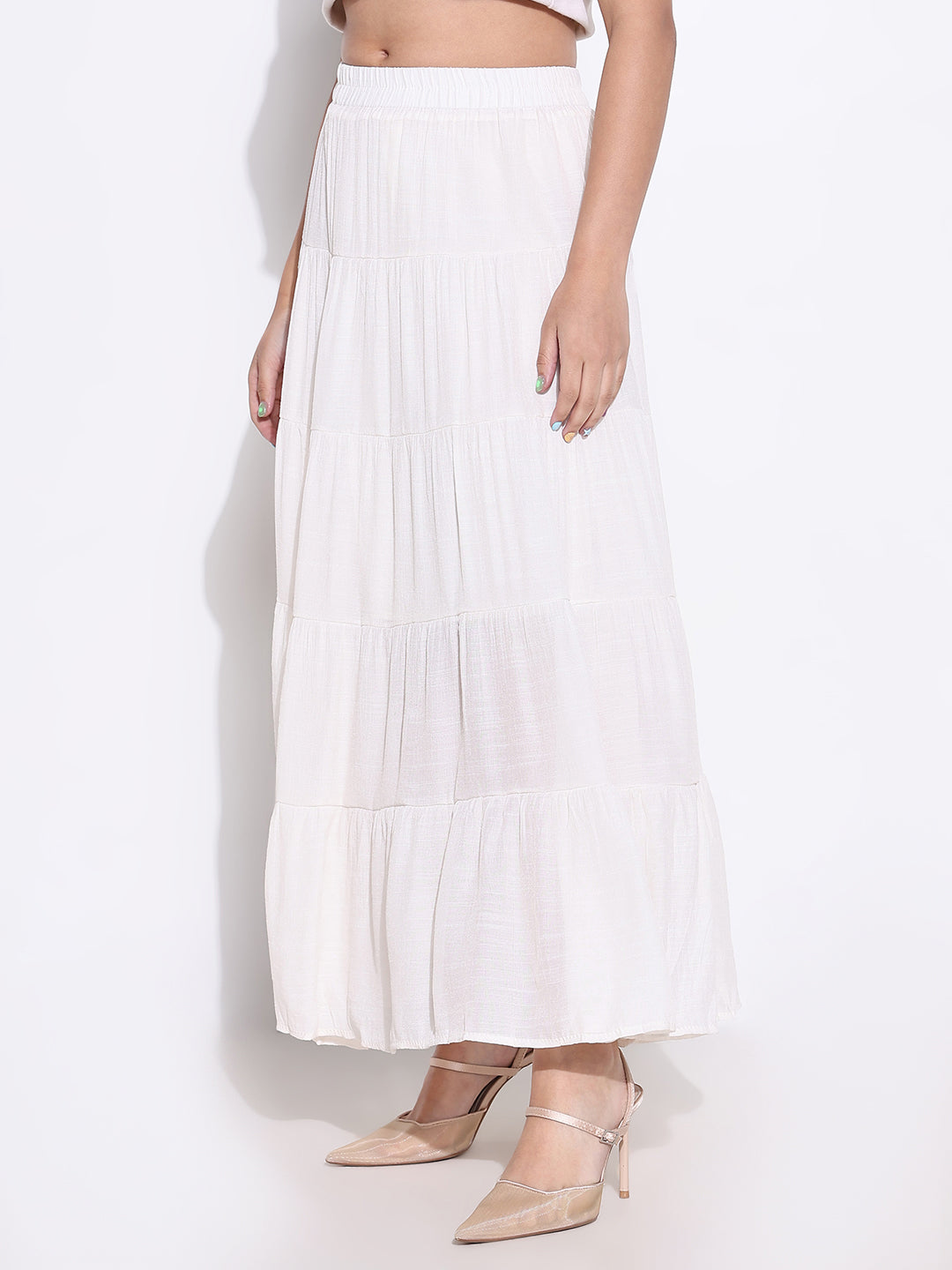 Women Cream Solid Tiered Skirt