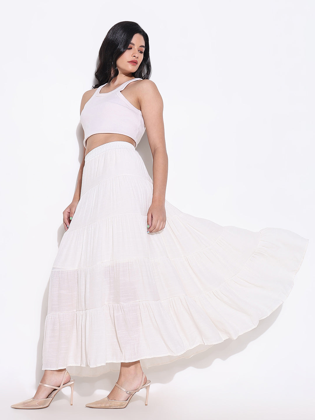 Women Cream Solid Tiered Skirt