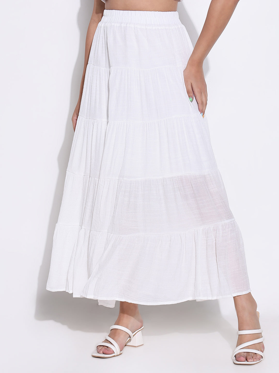 Women White Solid Tiered Skirt