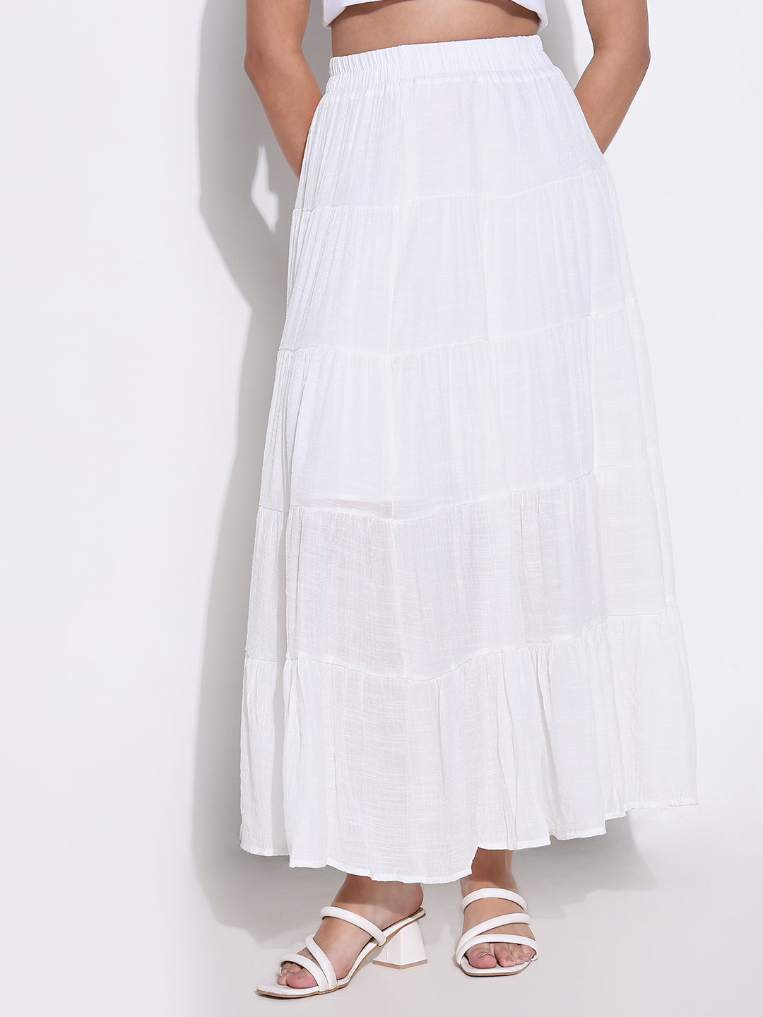 Women White Solid Tiered Skirt