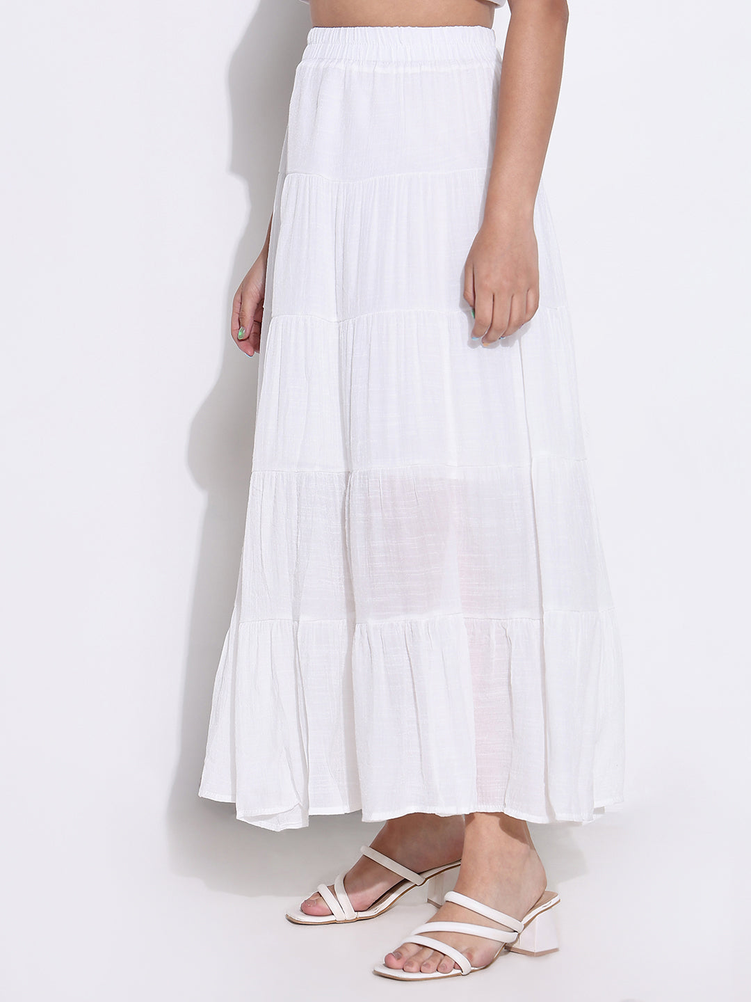 Women White Solid Tiered Skirt