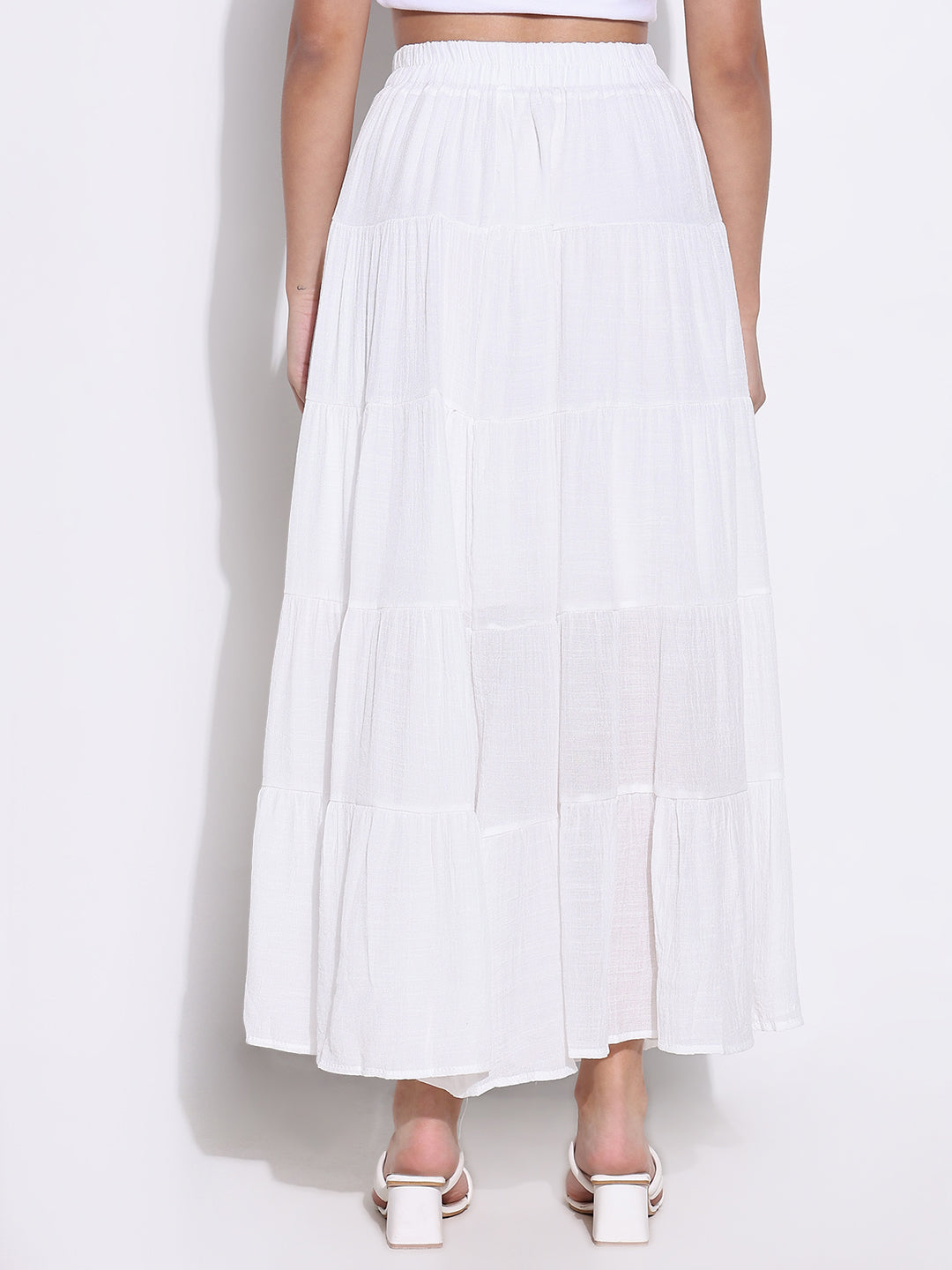 Women White Solid Tiered Skirt