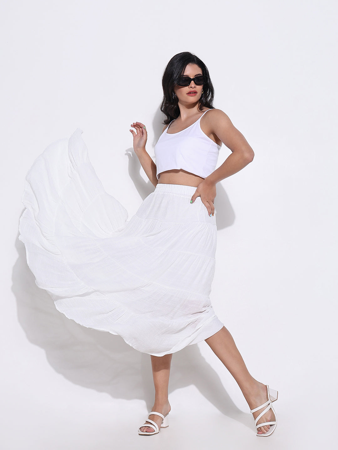 Women White Solid Tiered Skirt