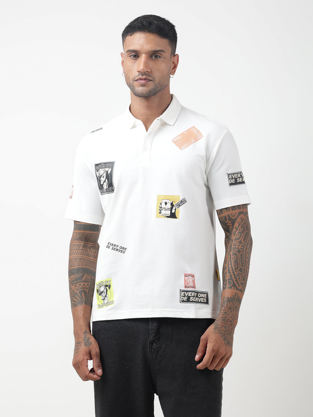 Men's Graphic Print Off-White Relaxed Fit Polo T-Shirt