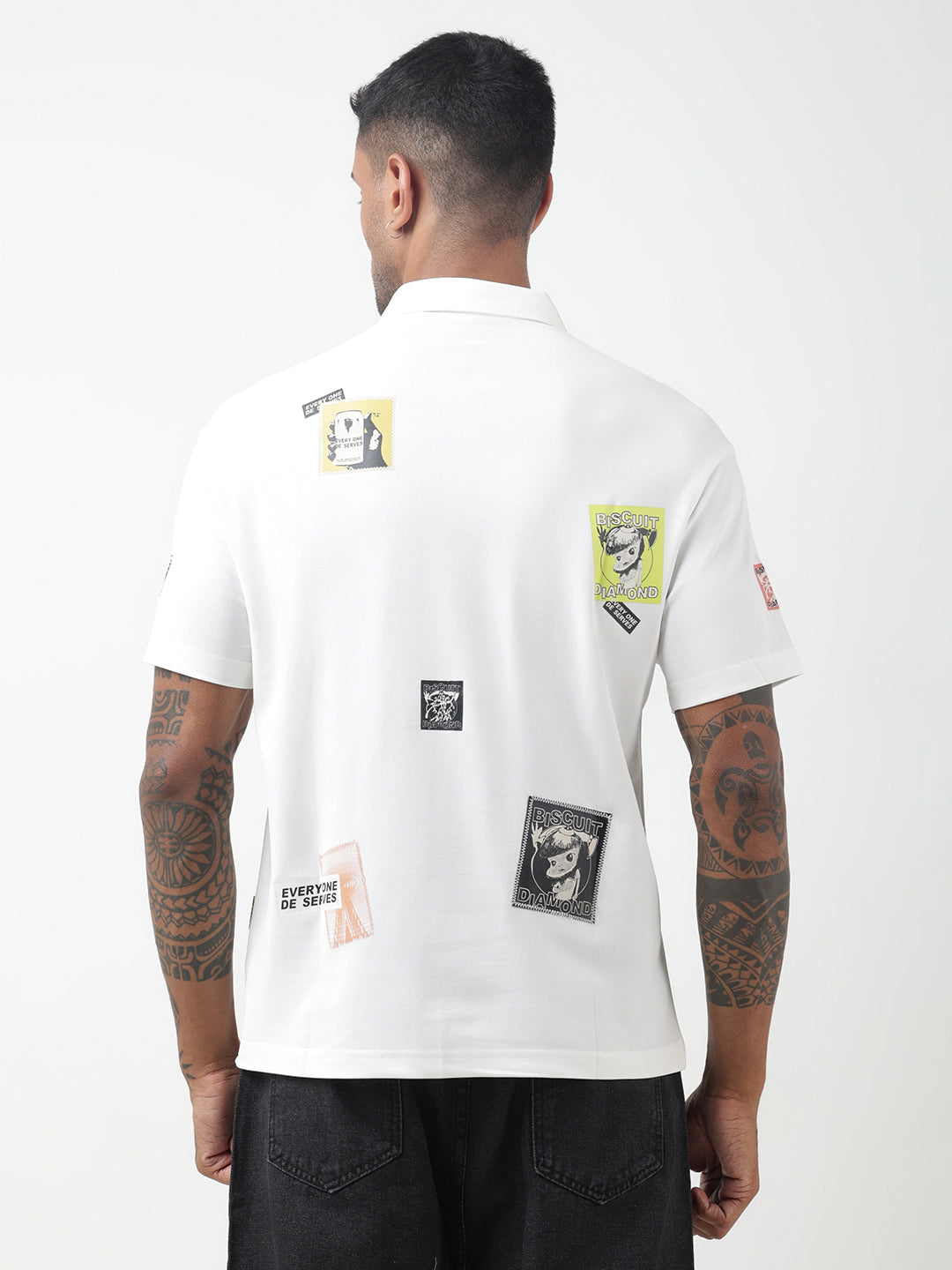 Men's Graphic Print Off-White Relaxed Fit Polo T-Shirt