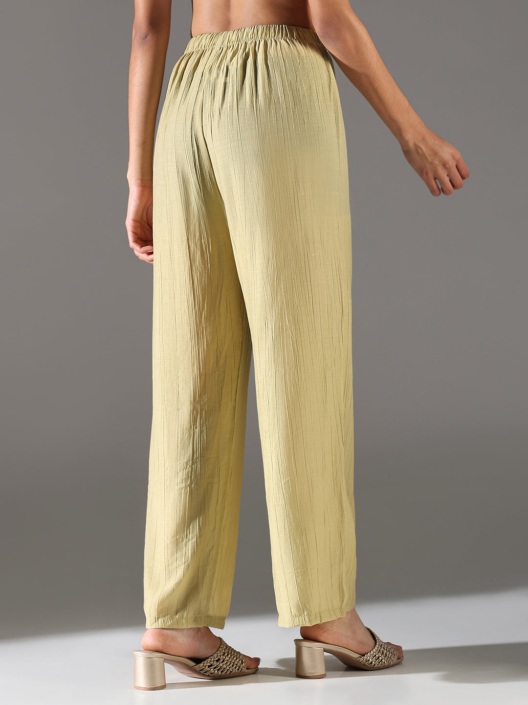 Women Light Green Solid Straight Fit Parallel Trousers