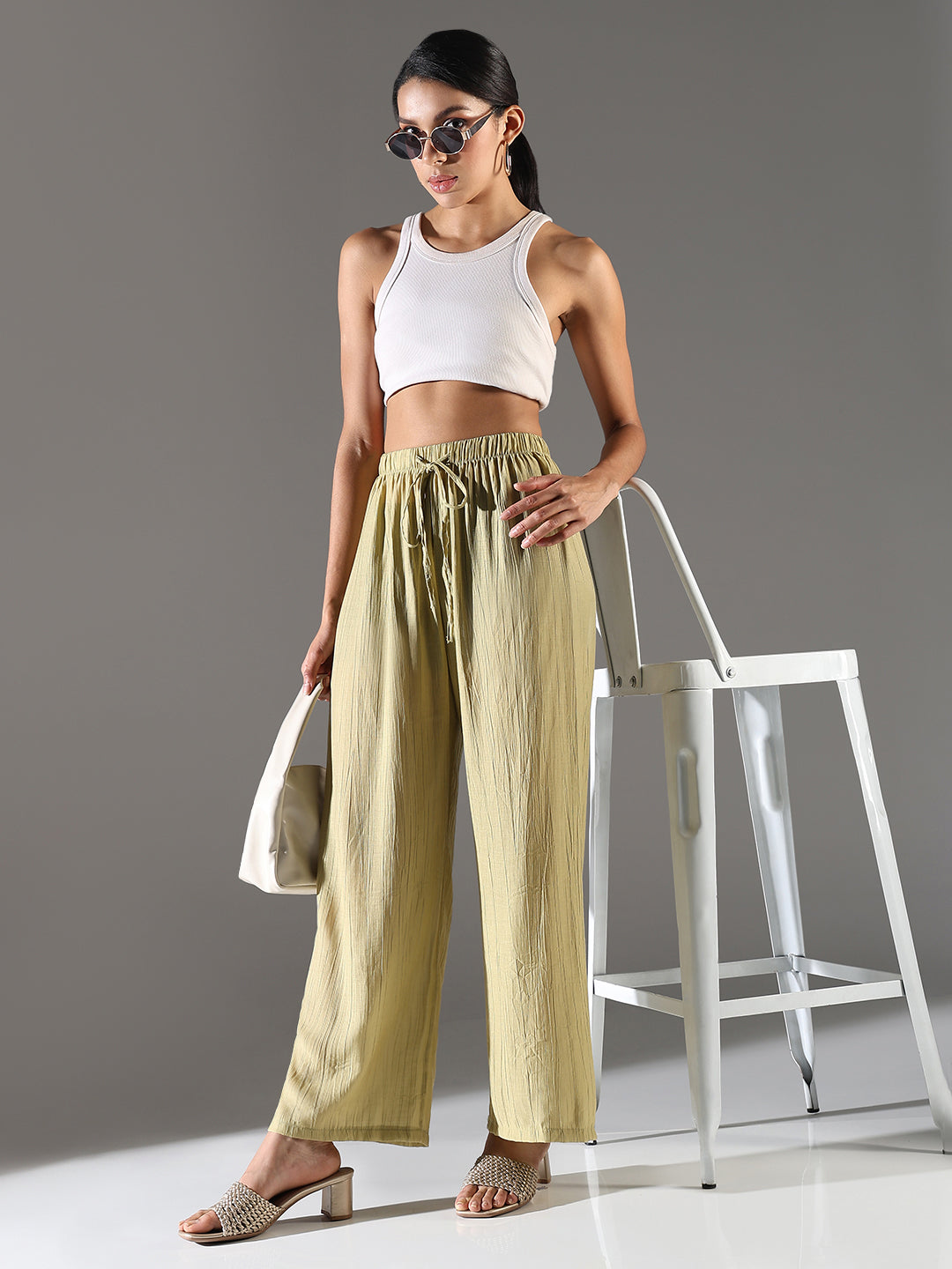 Women Light Green Solid Straight Fit Parallel Trousers