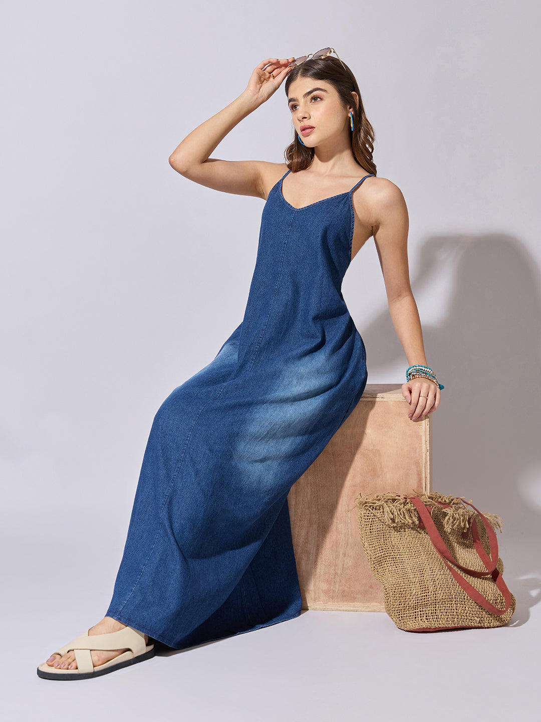 Women's Denim Blue Ombre A-Line Maxi Dress