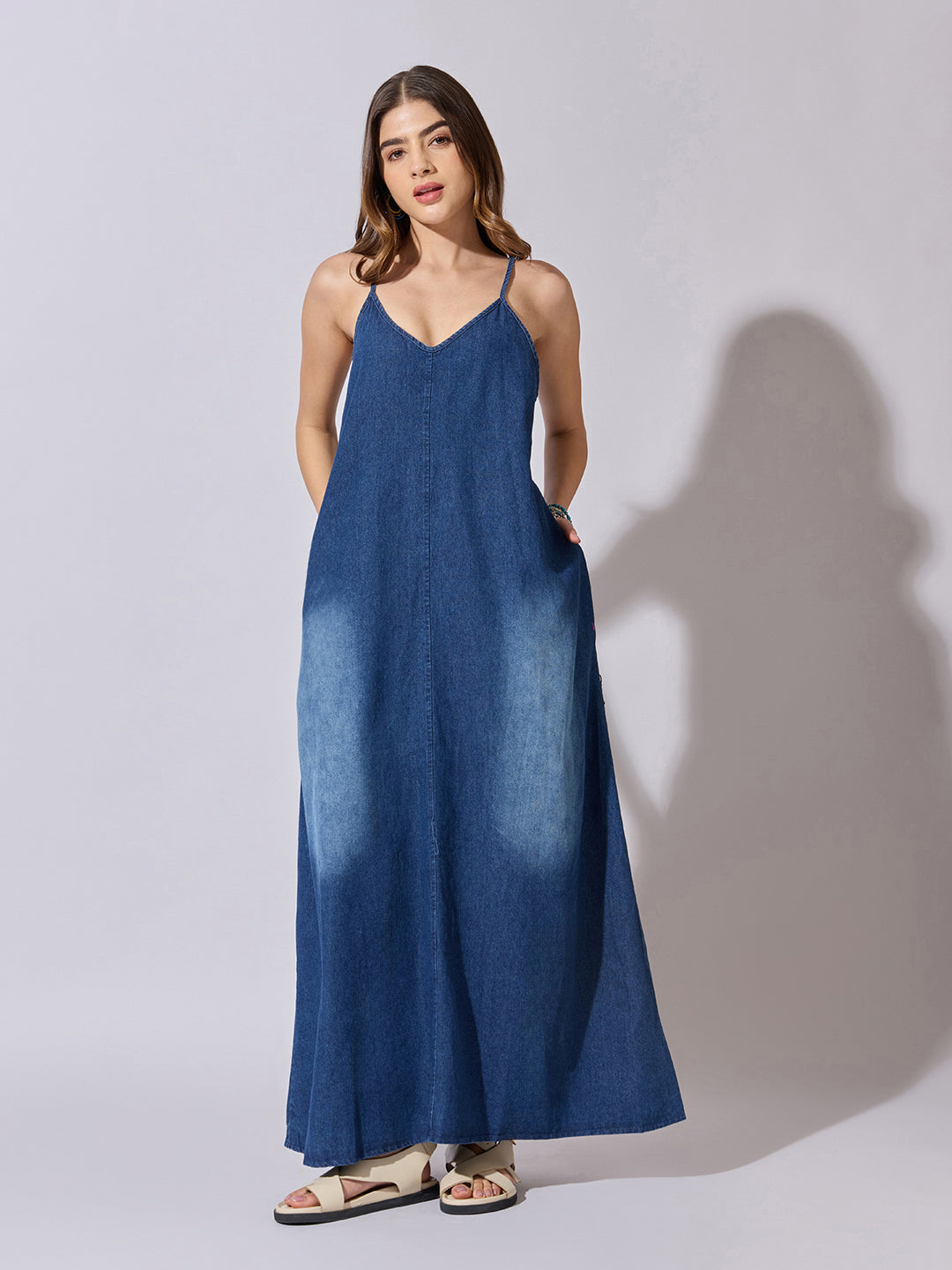 Women's Denim Blue Ombre A-Line Maxi Dress