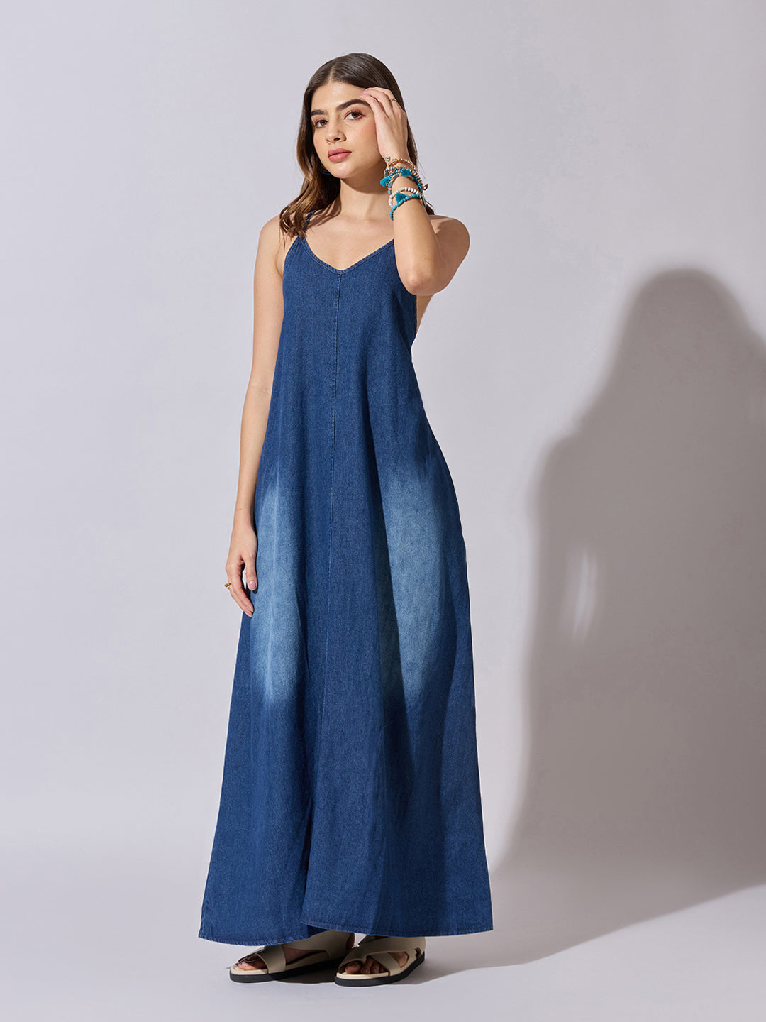 Women's Denim Blue Ombre A-Line Maxi Dress
