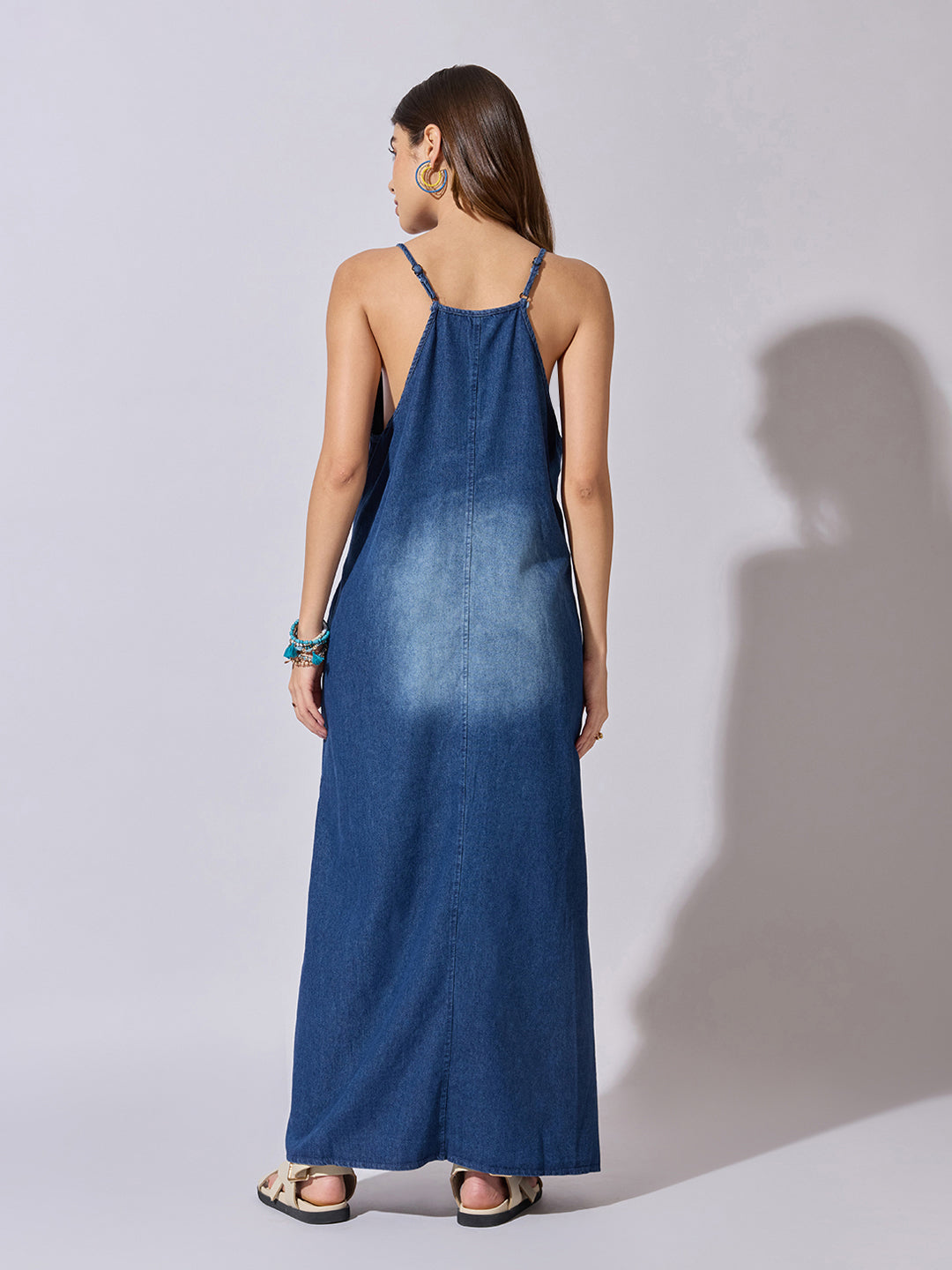 Women's Denim Blue Ombre A-Line Maxi Dress