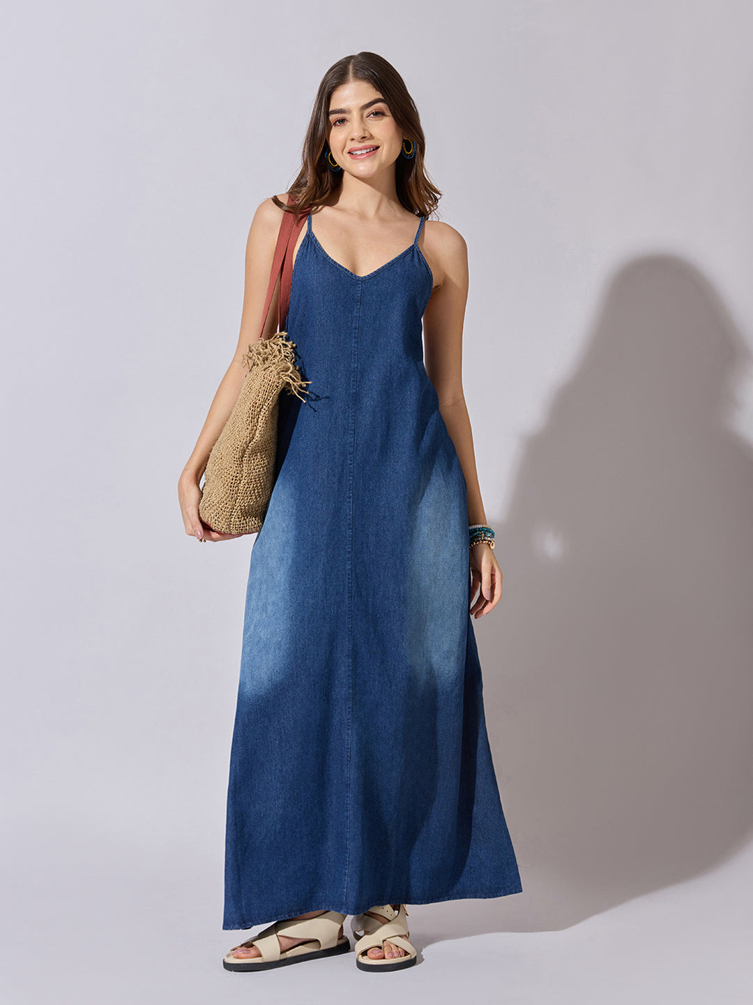 Women's Denim Blue Ombre A-Line Maxi Dress