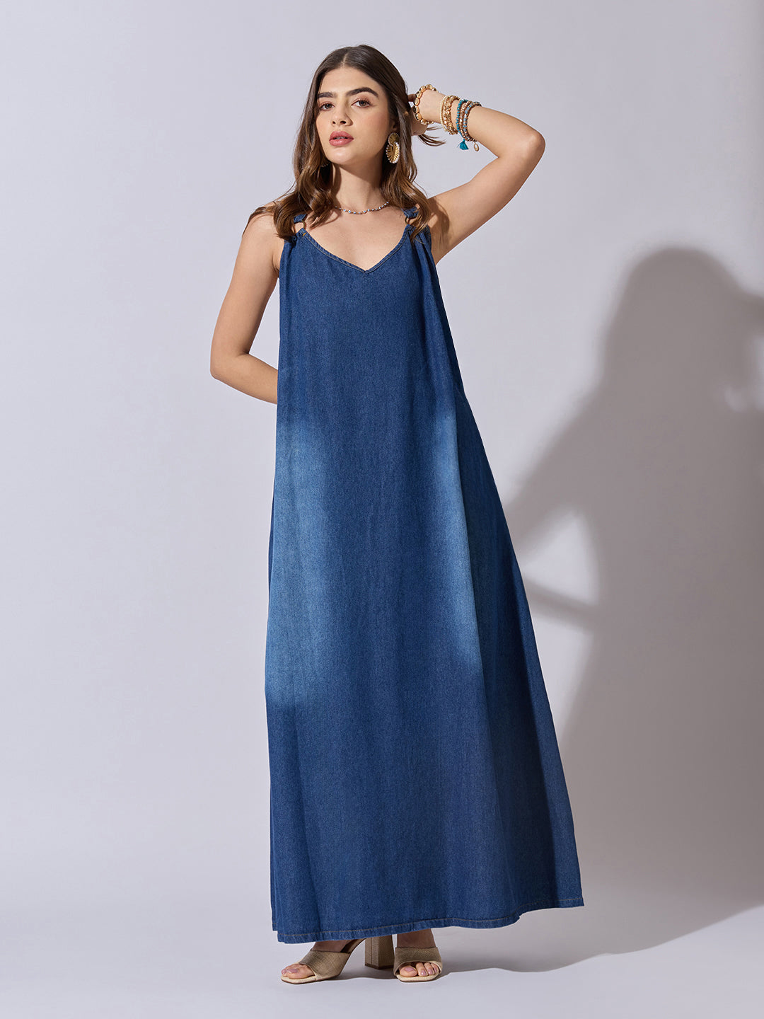 Women's Denim Blue Ombre A-Line Maxi Dress