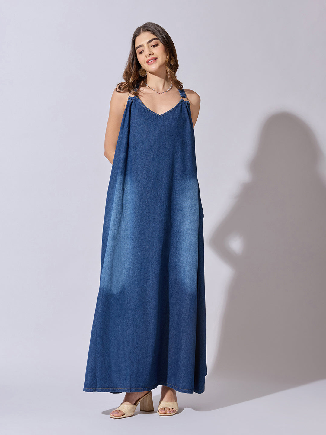 Women's Denim Blue Ombre A-Line Maxi Dress