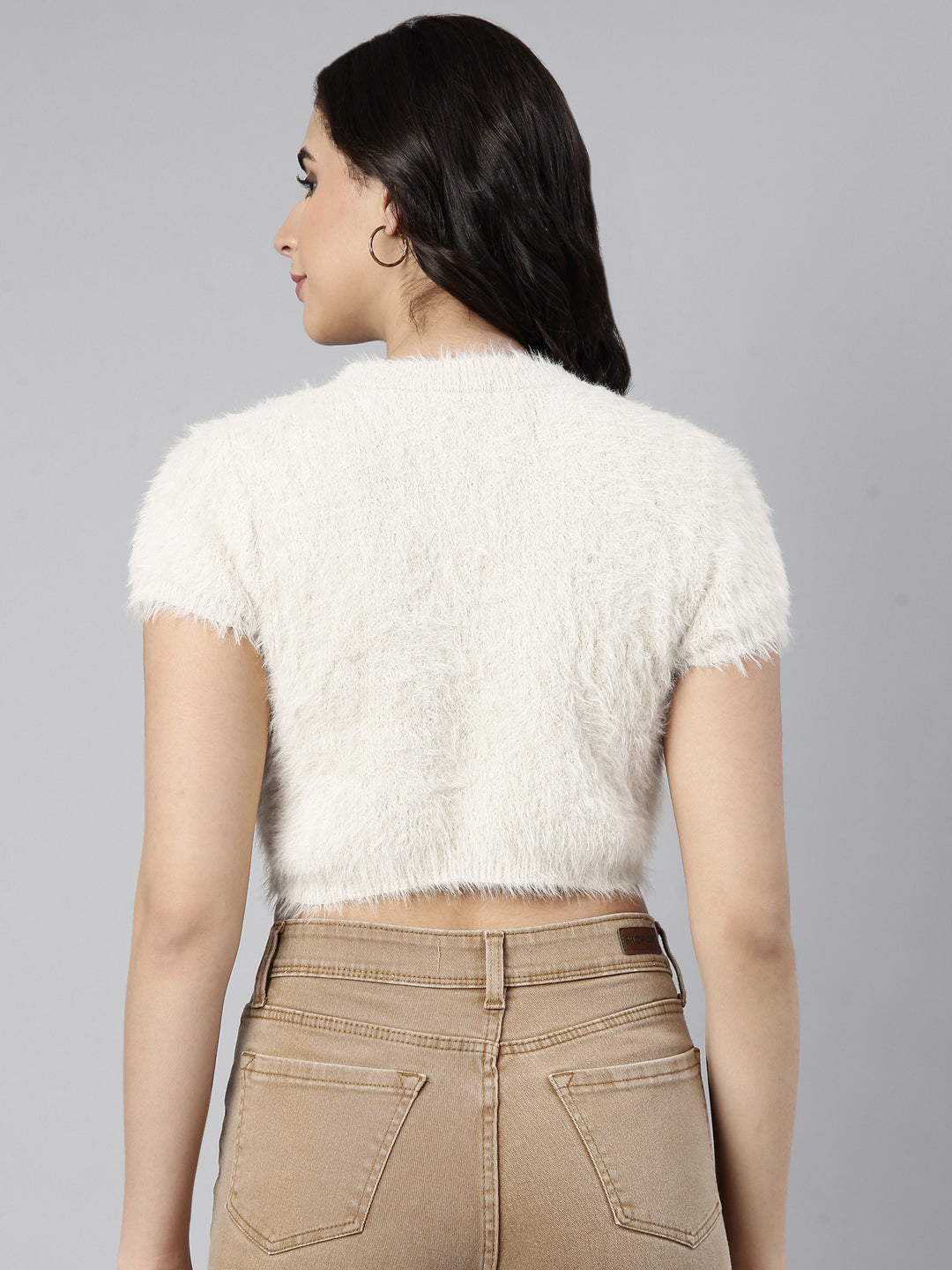 Women's Off White Self Design Faux Fur Trim Acrylic Crop Top