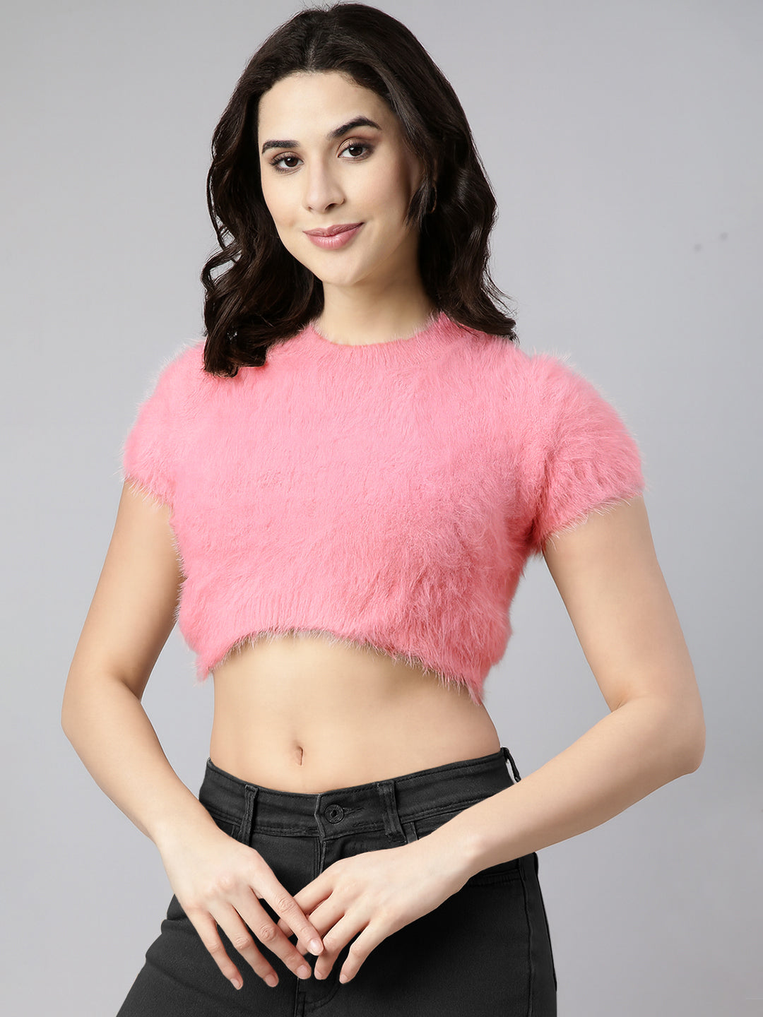 Women's Pink Self Design Faux Fur Trim Acrylic Crop Top