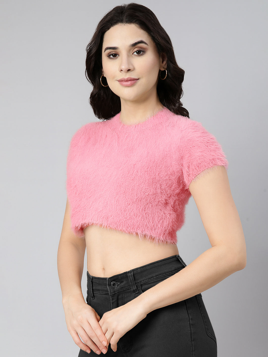 Women's Pink Self Design Faux Fur Trim Acrylic Crop Top