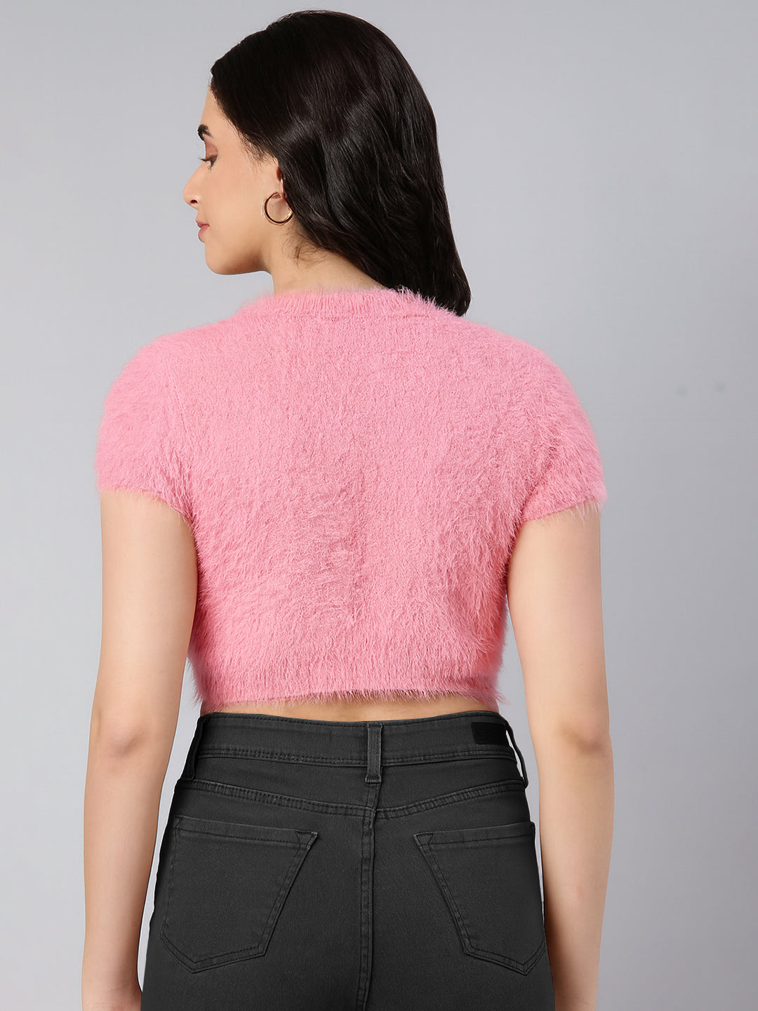 Women's Pink Self Design Faux Fur Trim Acrylic Crop Top