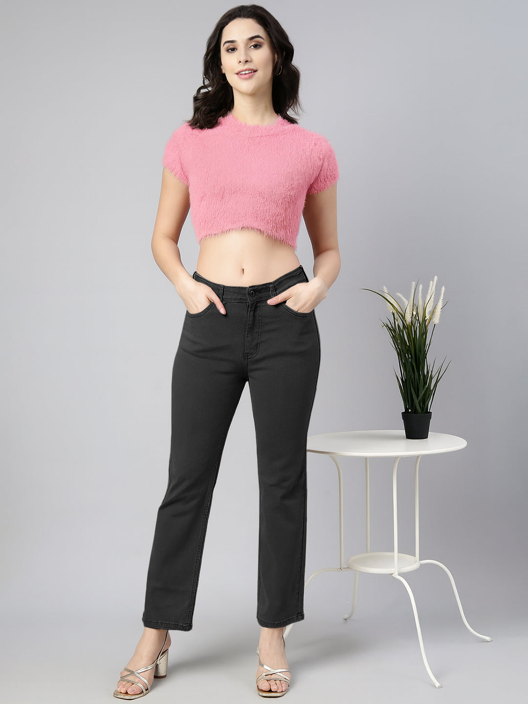 Women's Pink Self Design Faux Fur Trim Acrylic Crop Top