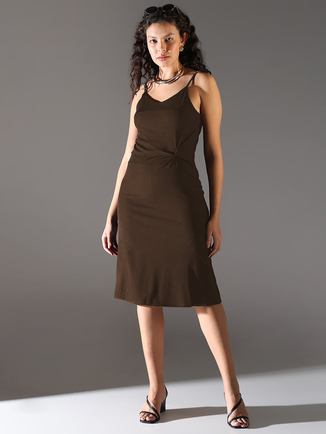 Women Brown Solid A-Line Dress