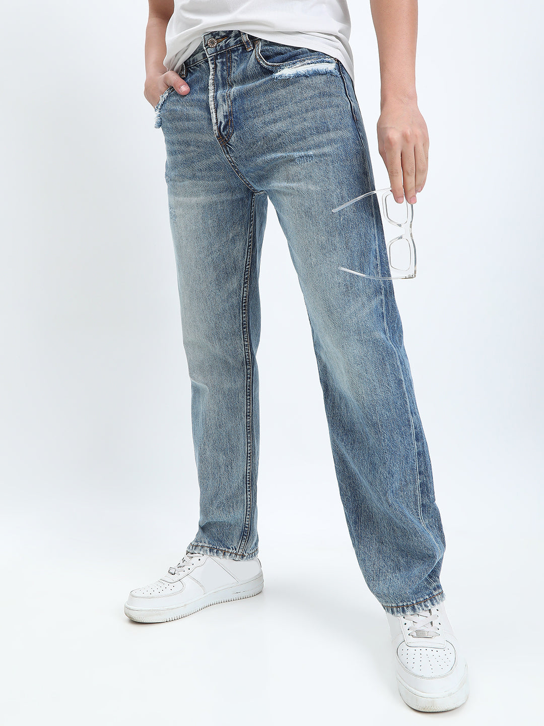 Men's Blue Straight Fit Jeans with Distressed Pocket Details