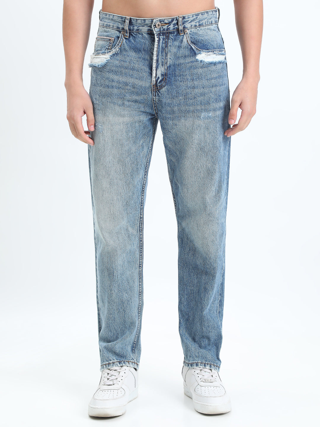 Men's Blue Straight Fit Jeans with Distressed Pocket Details