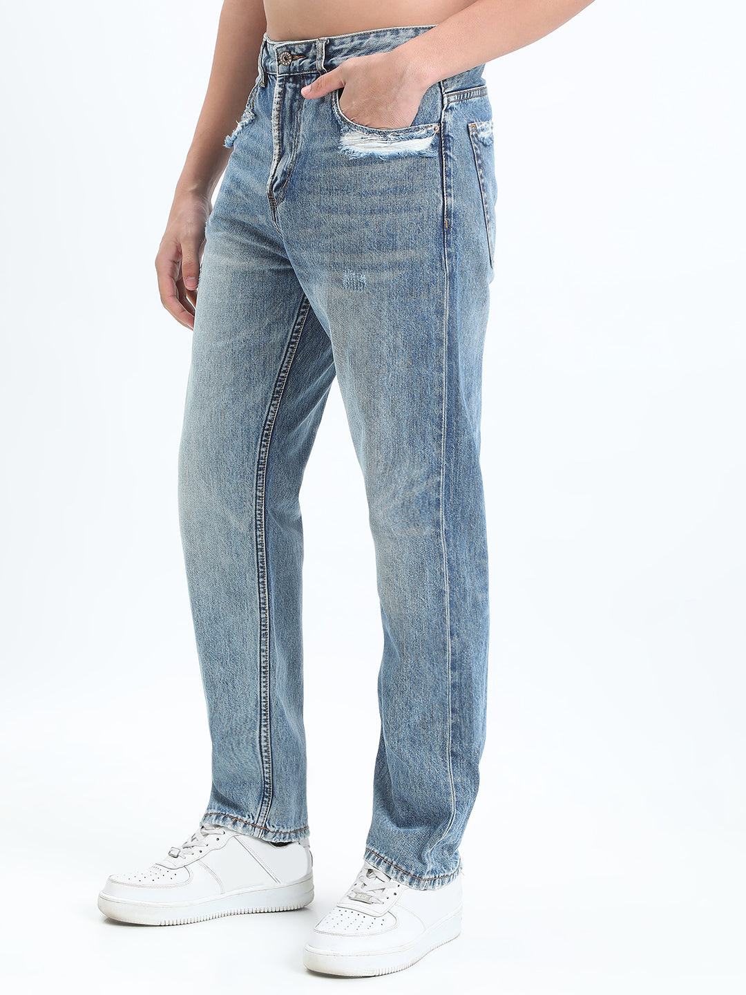 Men's Blue Straight Fit Jeans with Distressed Pocket Details