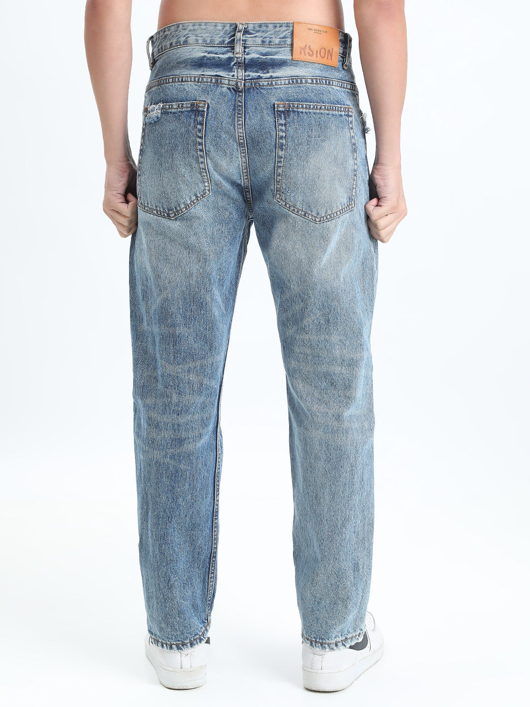 Men's Blue Straight Fit Jeans with Distressed Pocket Details