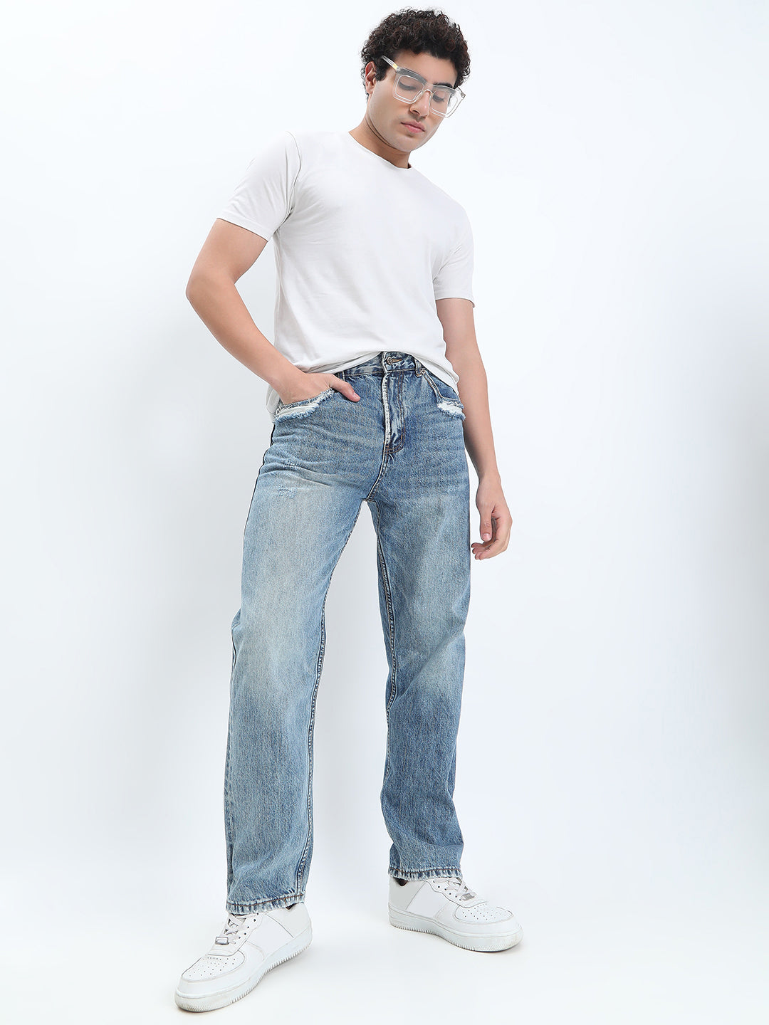 Men's Blue Straight Fit Jeans with Distressed Pocket Details
